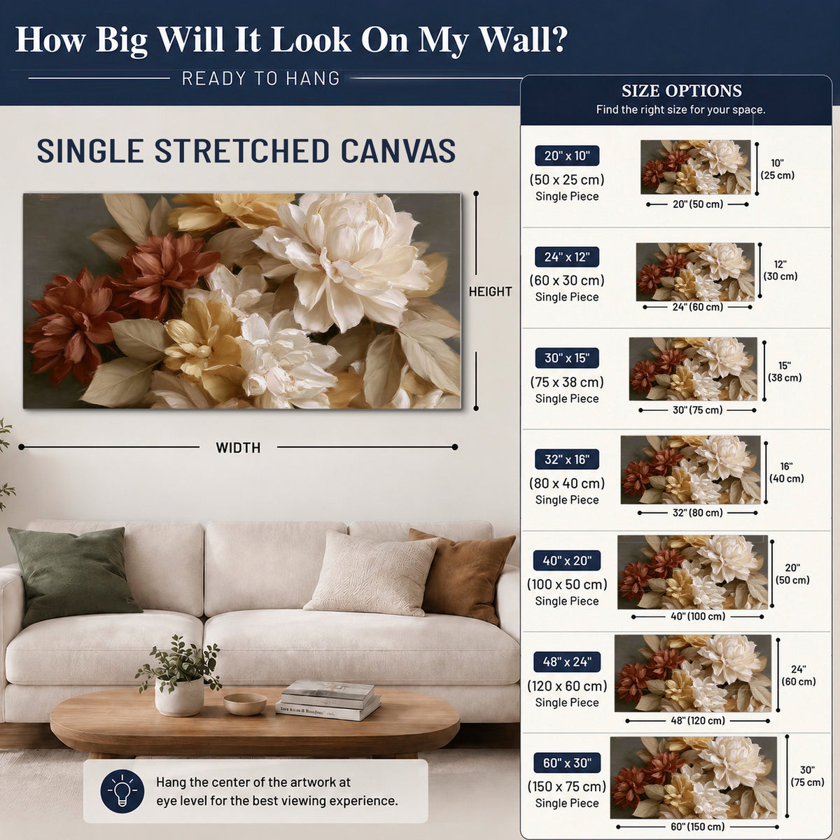 Full cream and rust-colored peonies in a softly shadowed still-life arrangement single canvas wall art size guide above a sofa; room view is illustrative