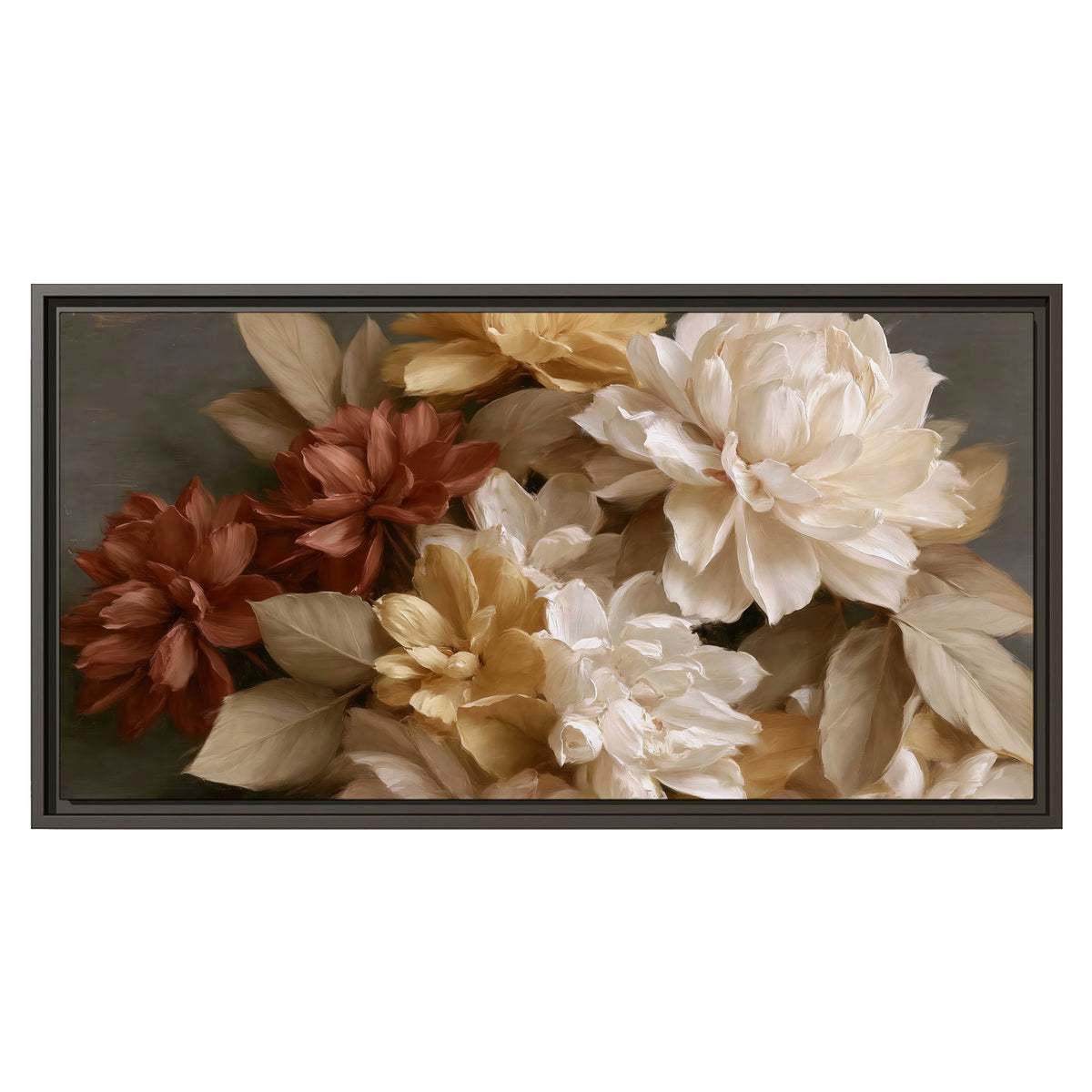 Full cream and rust-colored peonies in a softly shadowed still-life arrangement single framed canvas wall art viewed straight on