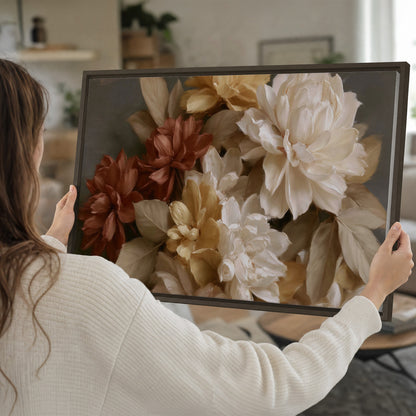Full cream and rust-colored peonies in a softly shadowed still-life arrangement single framed canvas wall art held in hands
