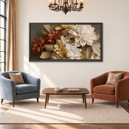 Full cream and rust-colored peonies in a softly shadowed still-life arrangement single framed canvas wall art styled in an interior