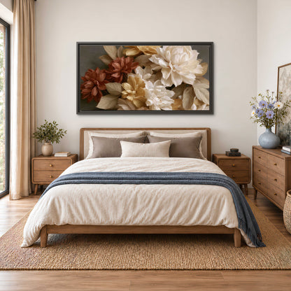 Full cream and rust-colored peonies in a softly shadowed still-life arrangement single framed canvas wall art styled in an interior