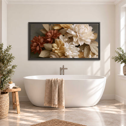 Full cream and rust-colored peonies in a softly shadowed still-life arrangement single framed canvas wall art styled in an interior