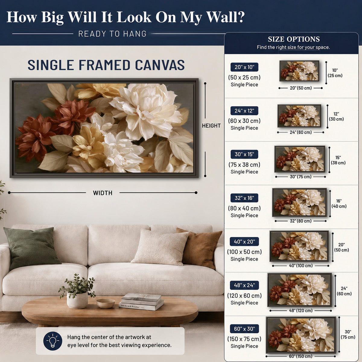 Full cream and rust-colored peonies in a softly shadowed still-life arrangement single framed canvas wall art size guide above a sofa; room view is illustrative