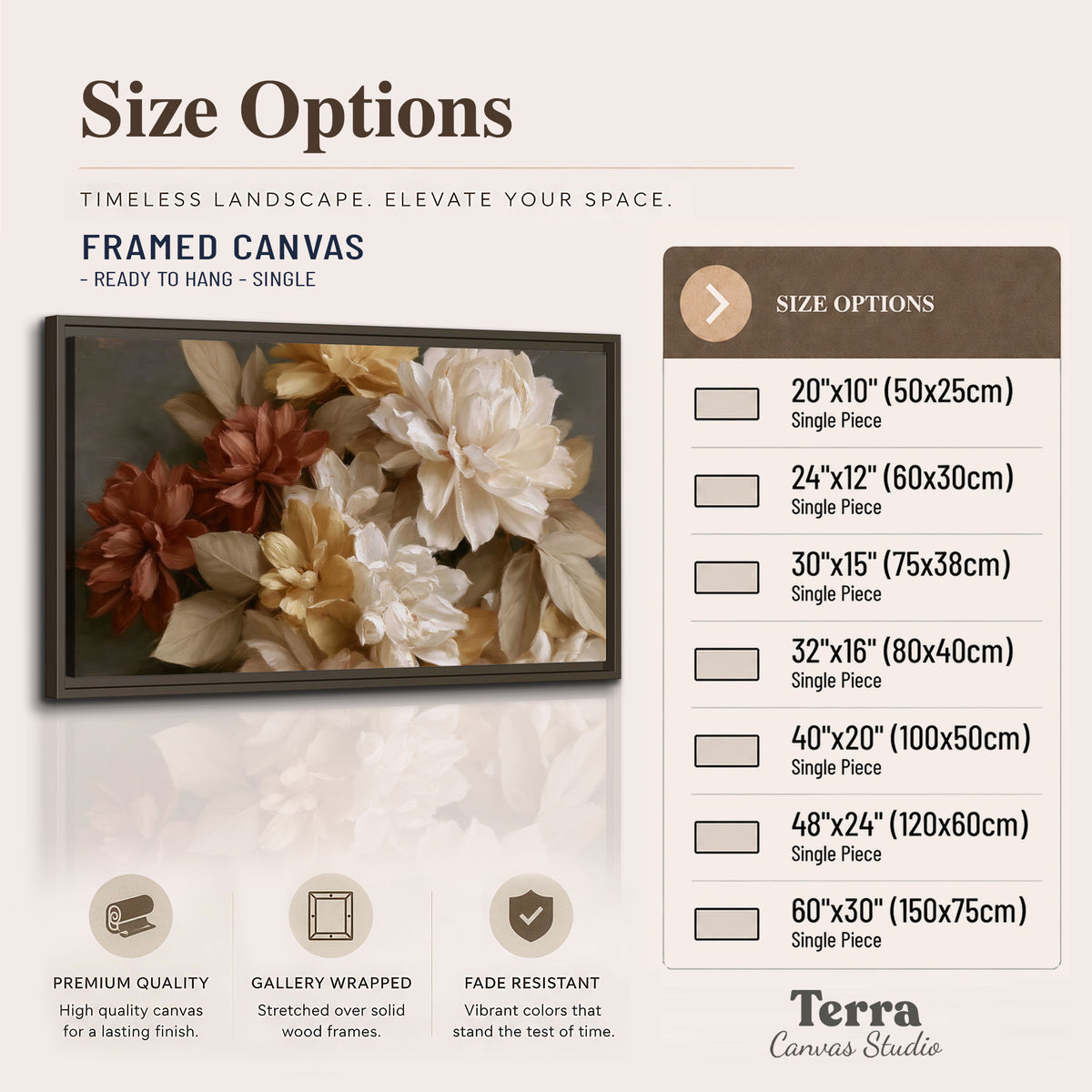 Full cream and rust-colored peonies in a softly shadowed still-life arrangement single framed canvas wall art available dimensions