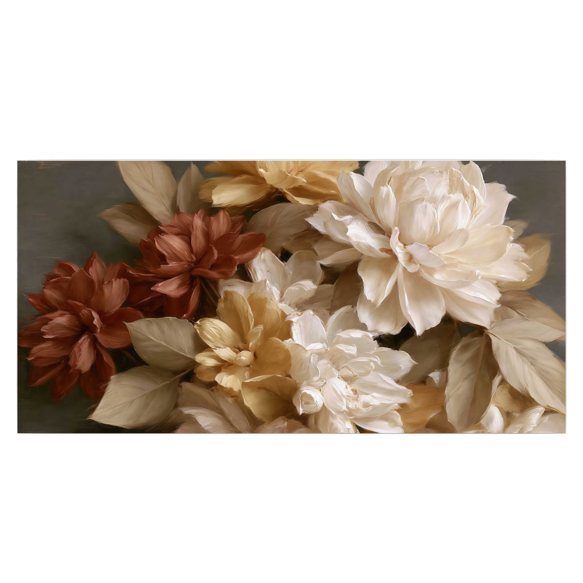 Full cream and rust-colored peonies in a softly shadowed still-life arrangement single poster print viewed straight on