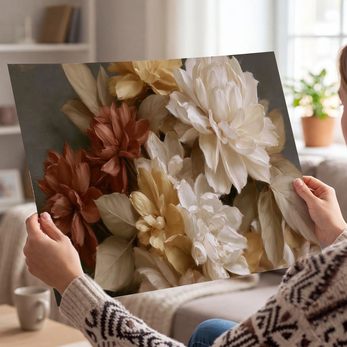 Full cream and rust-colored peonies in a softly shadowed still-life arrangement single poster print held in hands