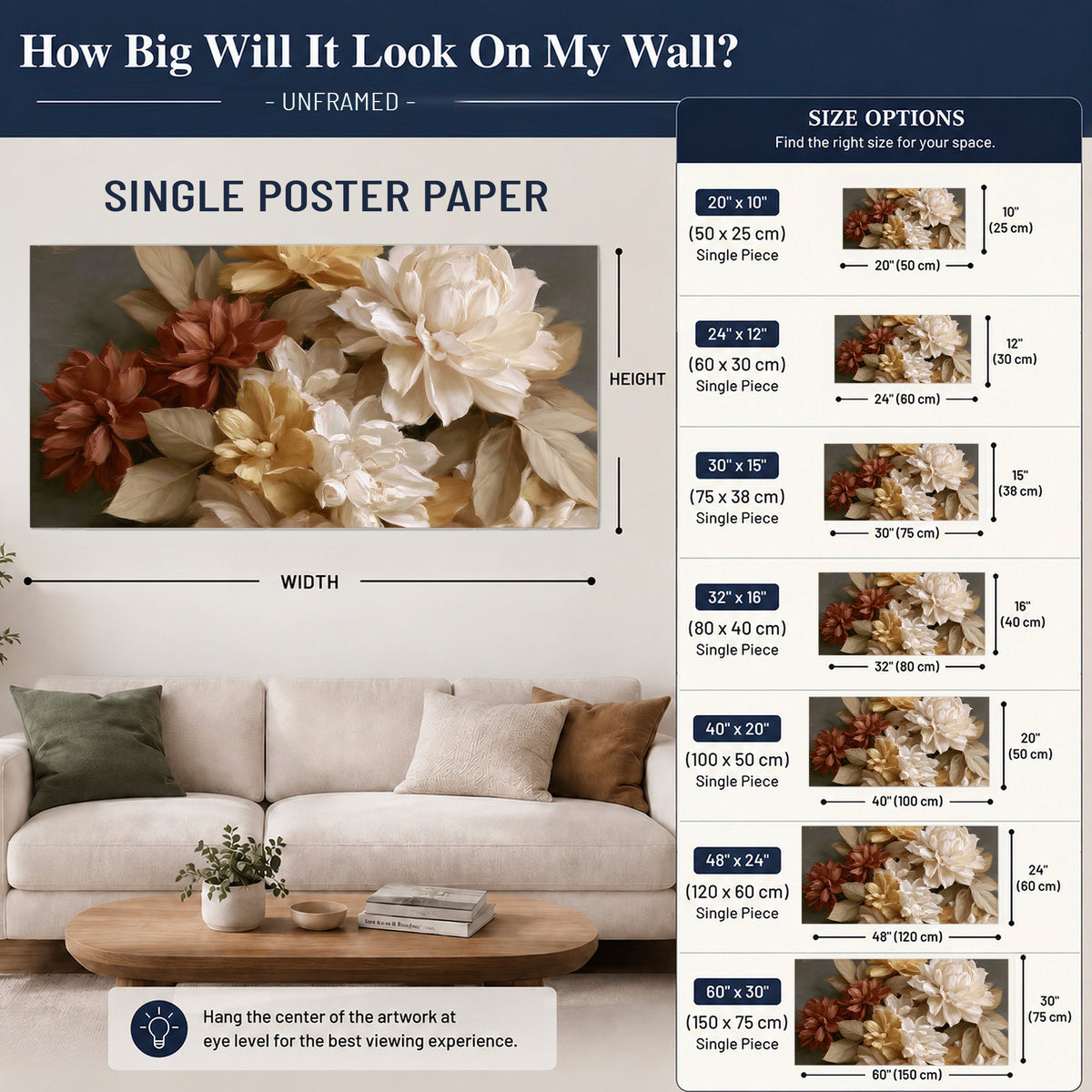 Full cream and rust-colored peonies in a softly shadowed still-life arrangement single poster print size guide above a sofa; room view is illustrative