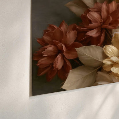 Full cream and rust-colored peonies in a softly shadowed still-life arrangement set of 3 poster prints material and edge close up