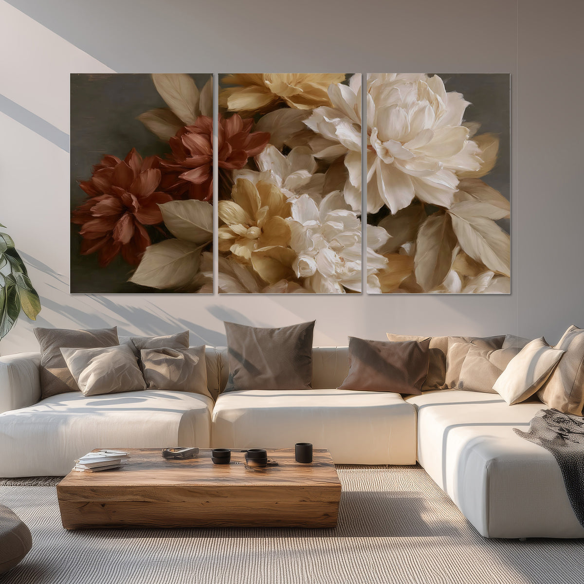 Full cream and rust-colored peonies in a softly shadowed still-life arrangement set of 3 poster prints displayed in a living room
