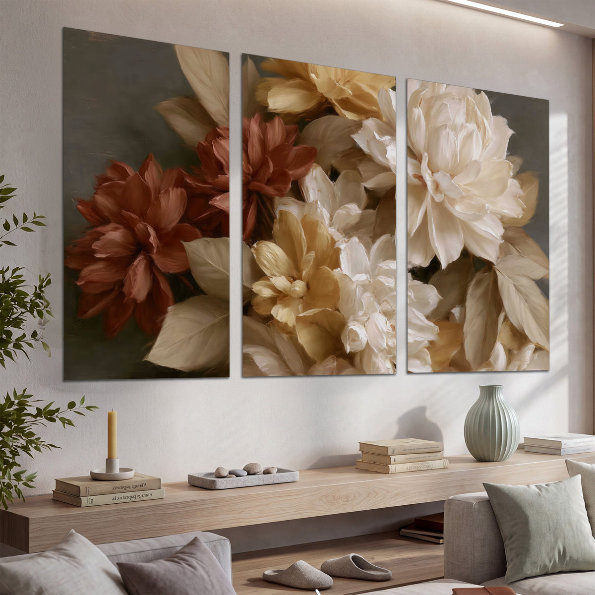 Full cream and rust-colored peonies in a softly shadowed still-life arrangement set of 3 poster prints displayed in a console