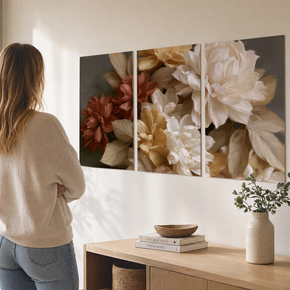 Full cream and rust-colored peonies in a softly shadowed still-life arrangement set of 3 poster prints three panel arrangement on a wall