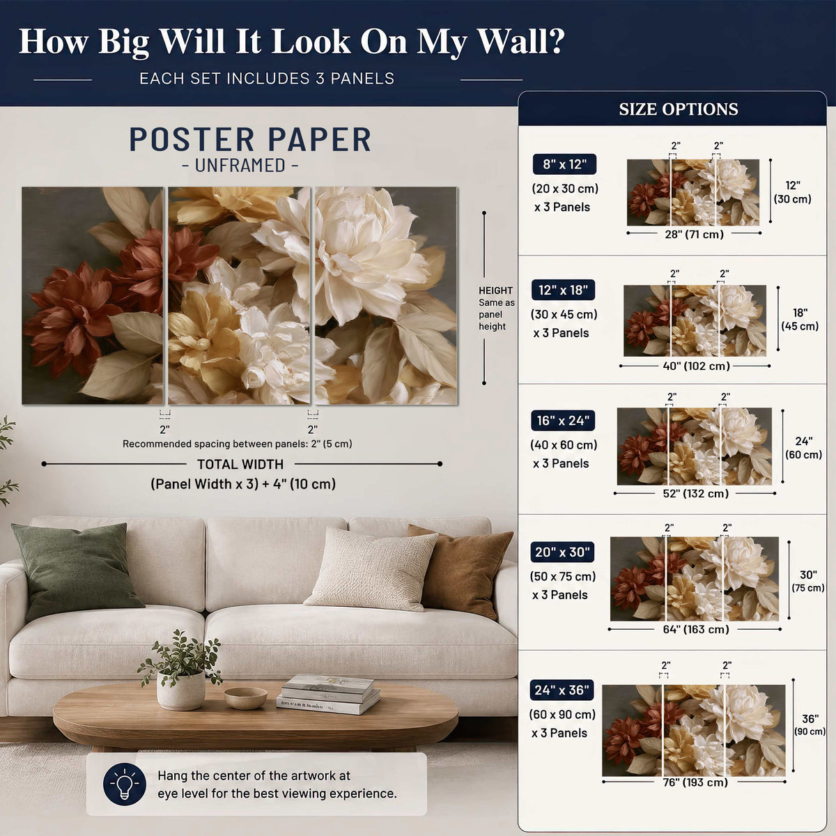 Full cream and rust-colored peonies in a softly shadowed still-life arrangement set of 3 poster prints size guide above a sofa; room view is illustrative