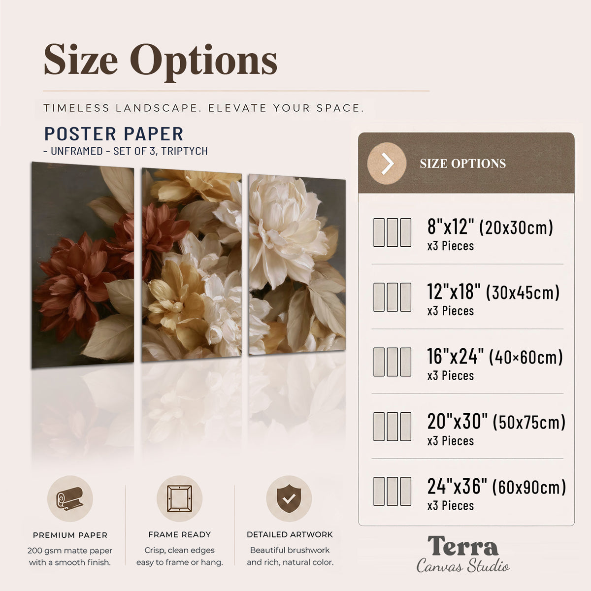 Full cream and rust-colored peonies in a softly shadowed still-life arrangement set of 3 poster prints available dimensions; triptych dimensions are per panel