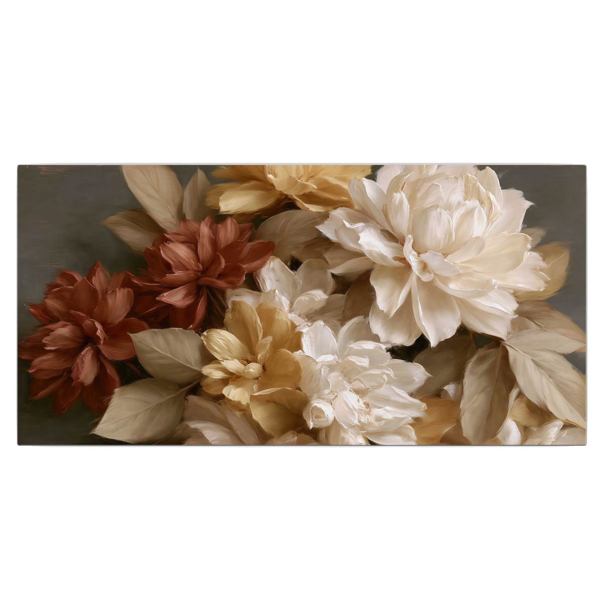 Full cream and rust-colored peonies in a softly shadowed still-life arrangement single canvas wall art viewed straight on