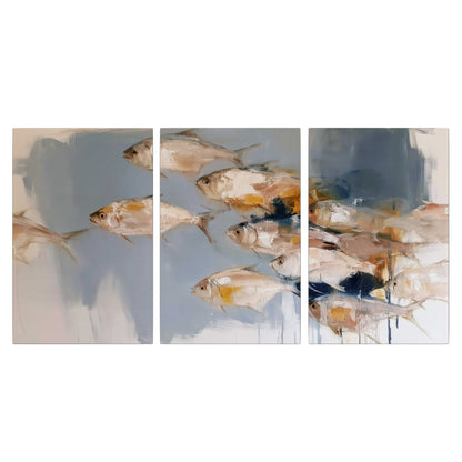 Small blue and golden fish moving across a pale layered abstract background 3 piece canvas wall art viewed straight on