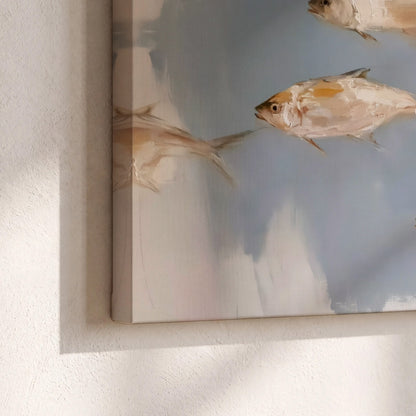 Small blue and golden fish moving across a pale layered abstract background 3 piece canvas wall art material and edge close up