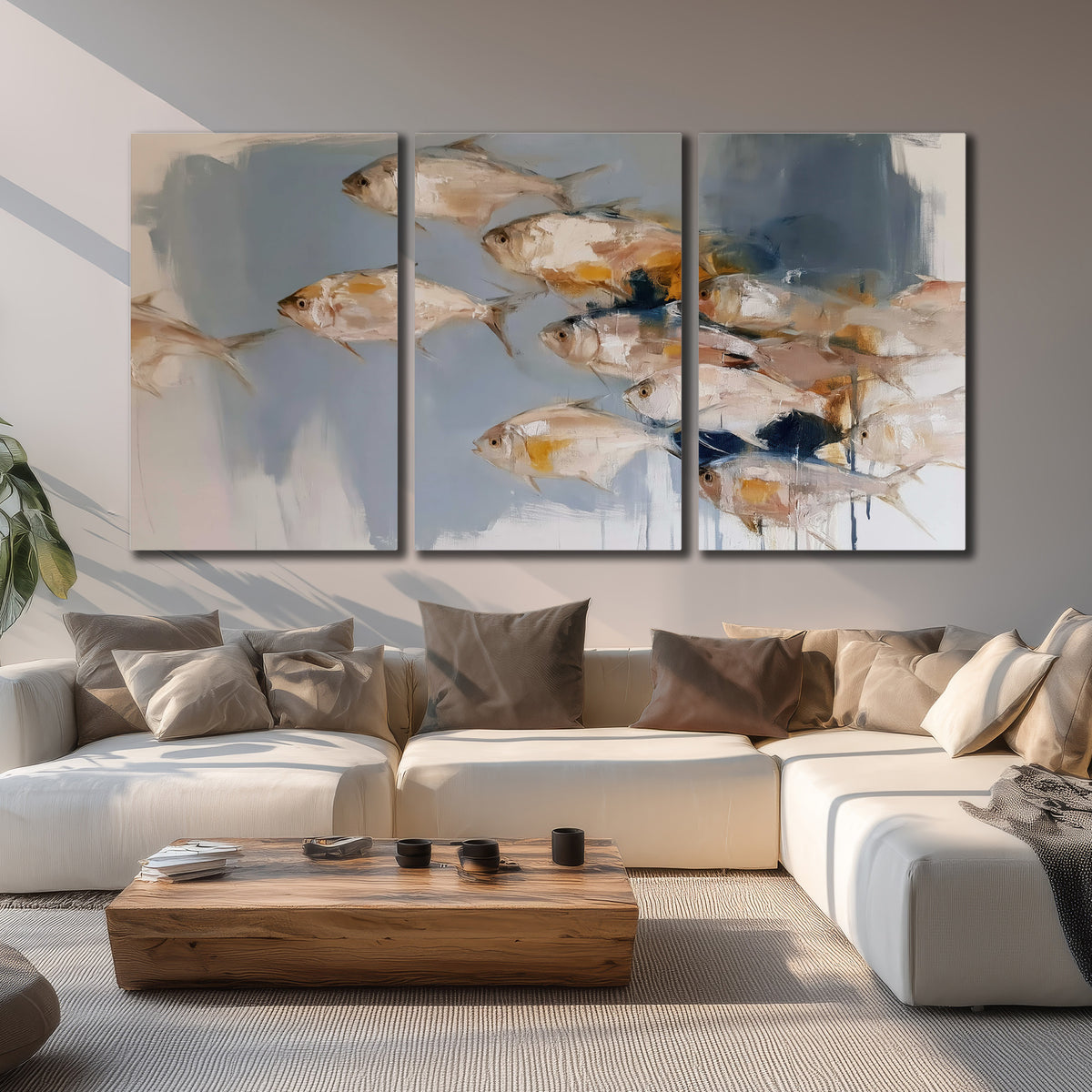 Small blue and golden fish moving across a pale layered abstract background 3 piece canvas wall art displayed in a living room