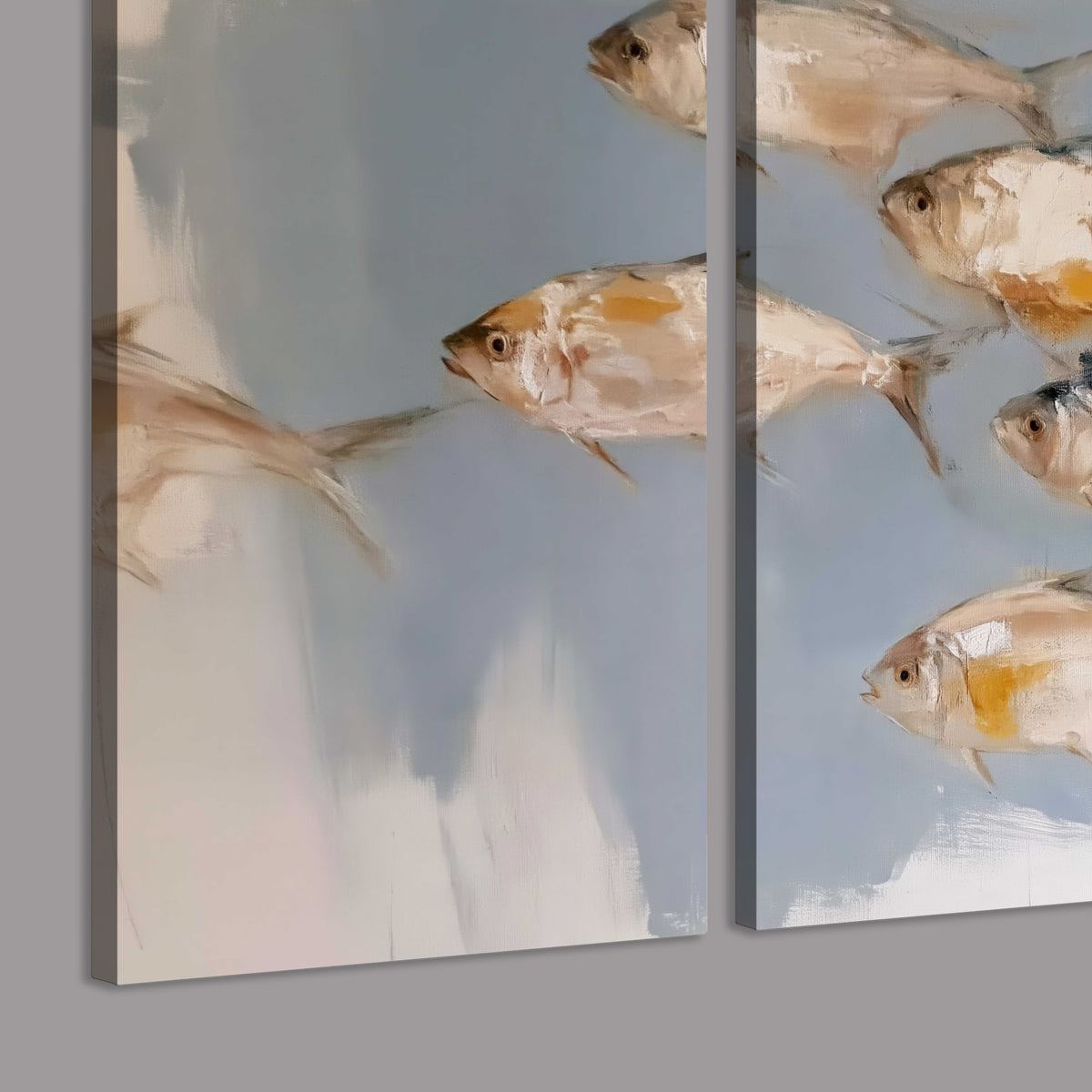 Small blue and golden fish moving across a pale layered abstract background 3 piece canvas wall art room and product view