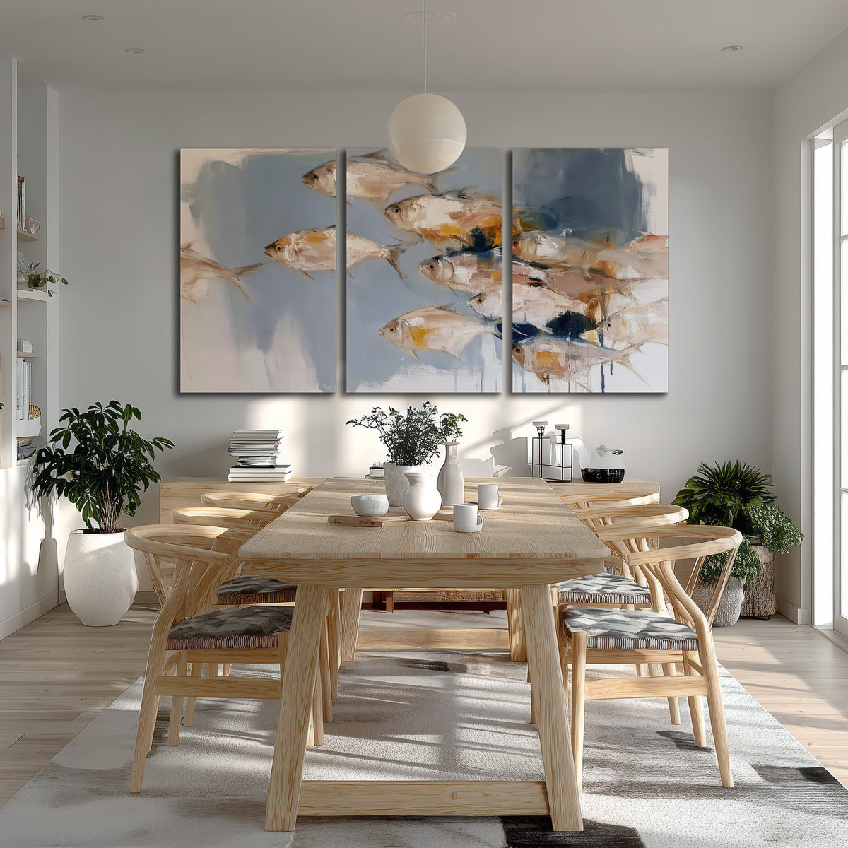 Small blue and golden fish moving across a pale layered abstract background 3 piece canvas wall art room and product view