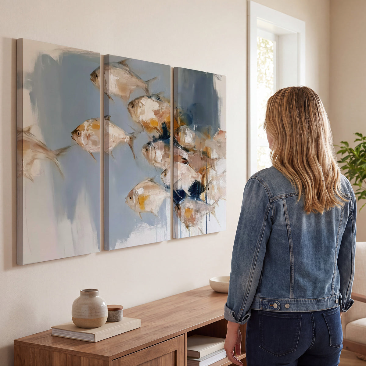 Small blue and golden fish moving across a pale layered abstract background 3 piece canvas wall art three panel arrangement on a wall