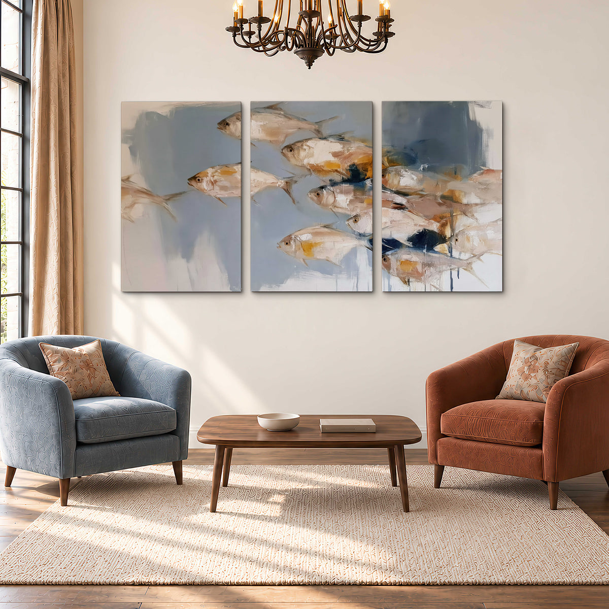 Small blue and golden fish moving across a pale layered abstract background 3 piece canvas wall art styled in an interior