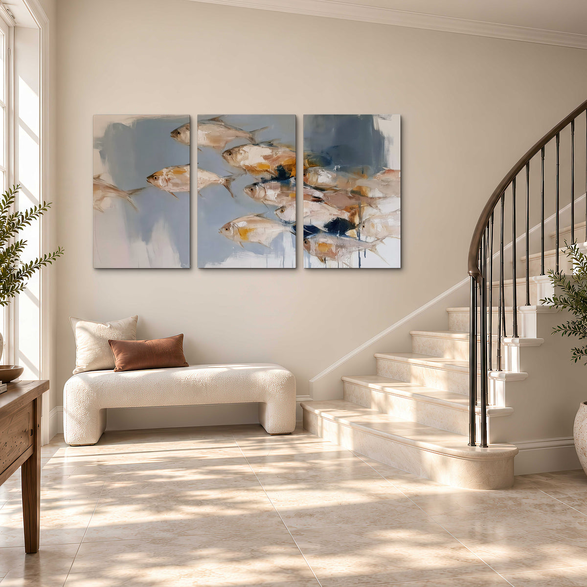 Small blue and golden fish moving across a pale layered abstract background 3 piece canvas wall art styled in an interior