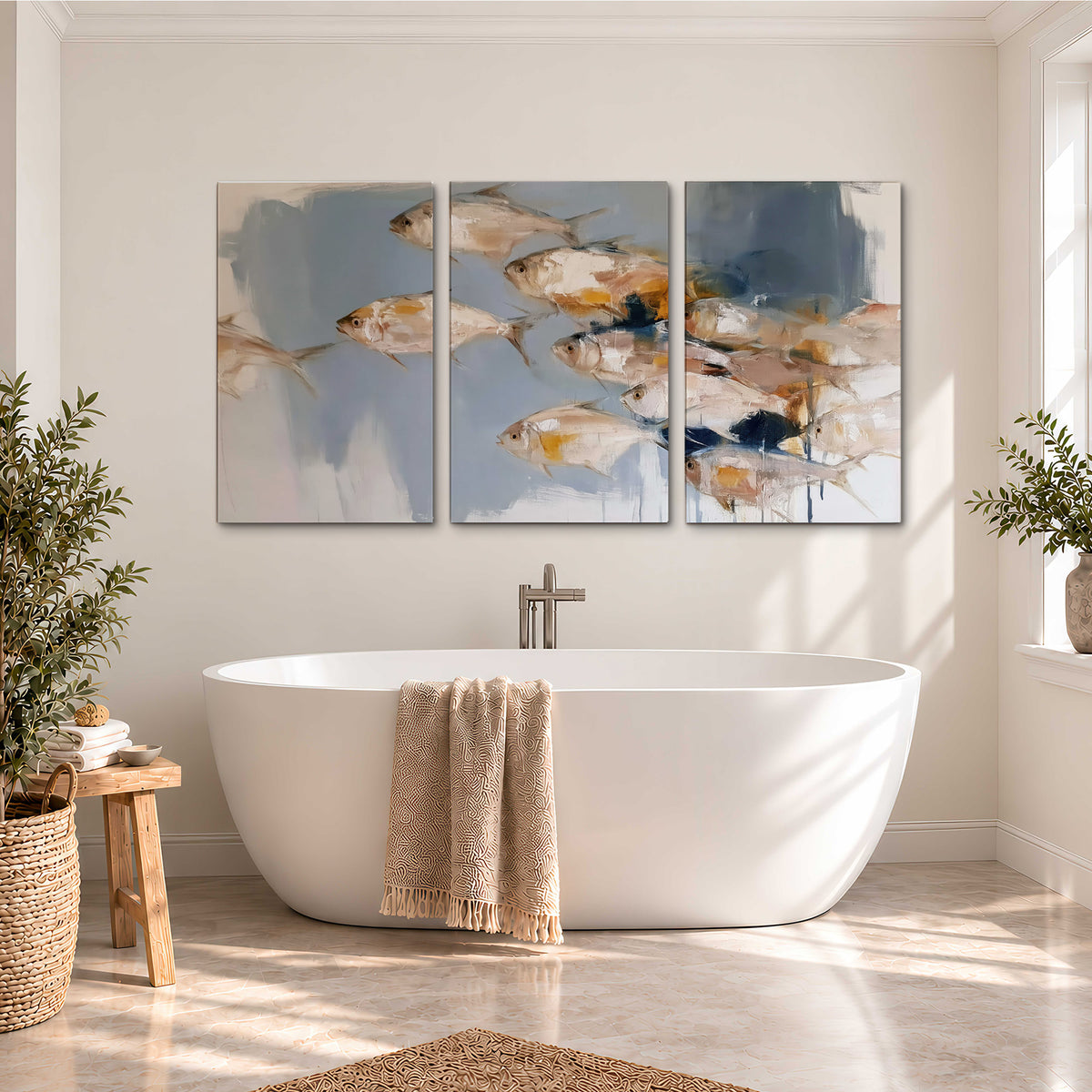 Small blue and golden fish moving across a pale layered abstract background 3 piece canvas wall art styled in an interior