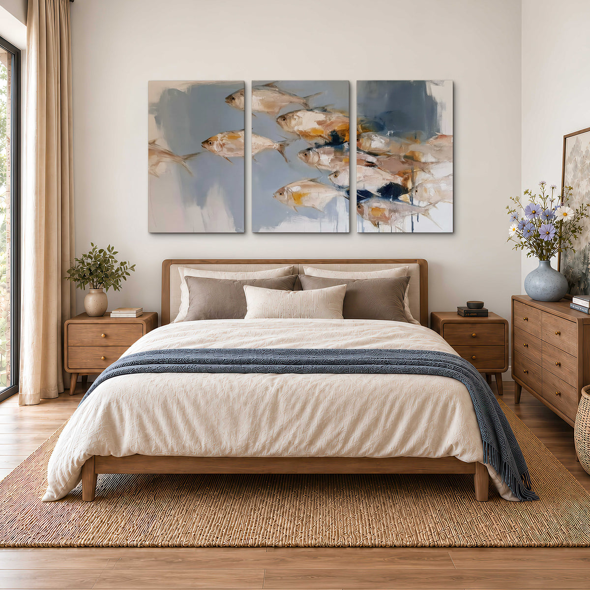 Small blue and golden fish moving across a pale layered abstract background 3 piece canvas wall art styled in an interior
