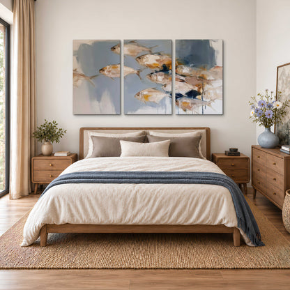 Small blue and golden fish moving across a pale layered abstract background 3 piece canvas wall art styled in an interior