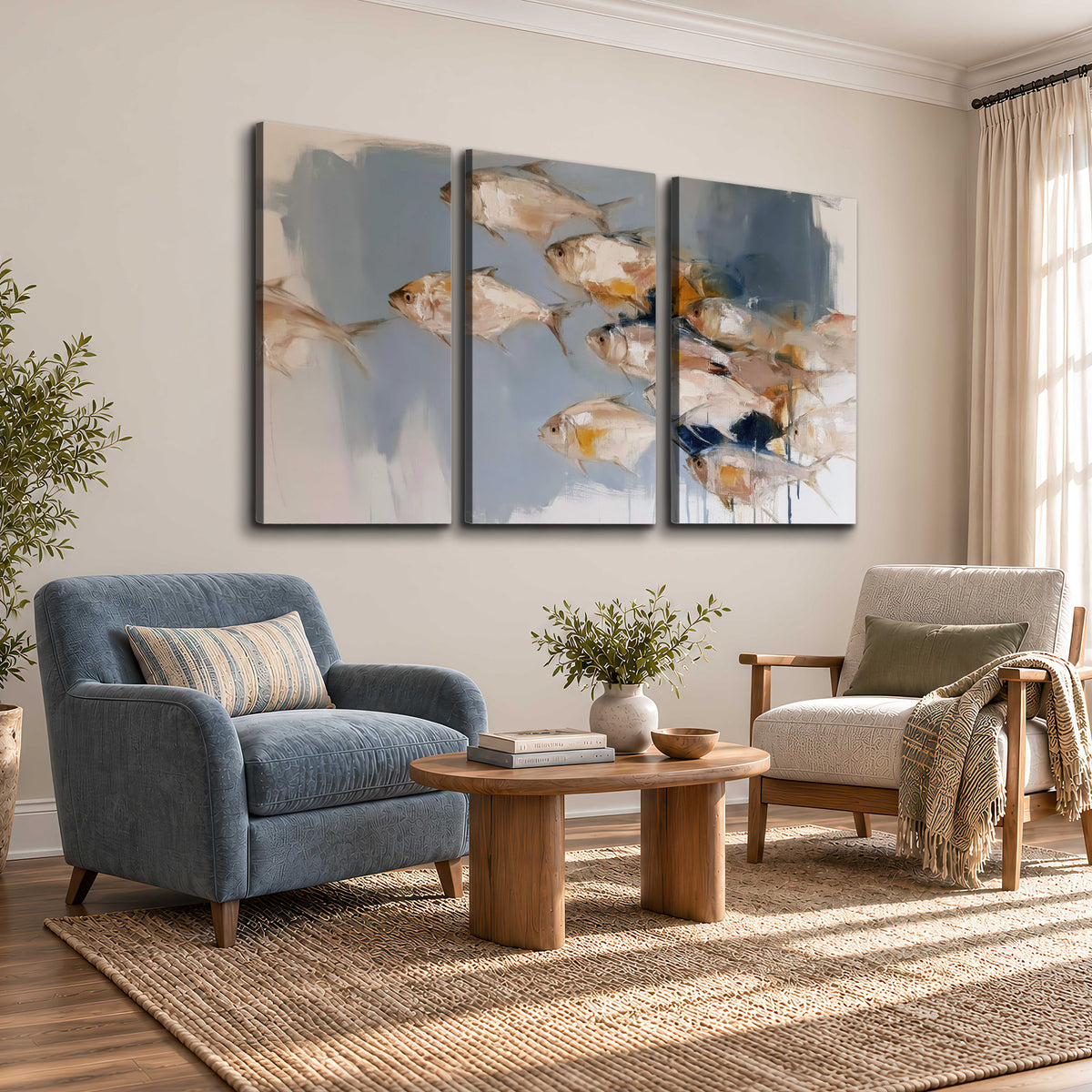 Small blue and golden fish moving across a pale layered abstract background 3 piece canvas wall art styled in an interior