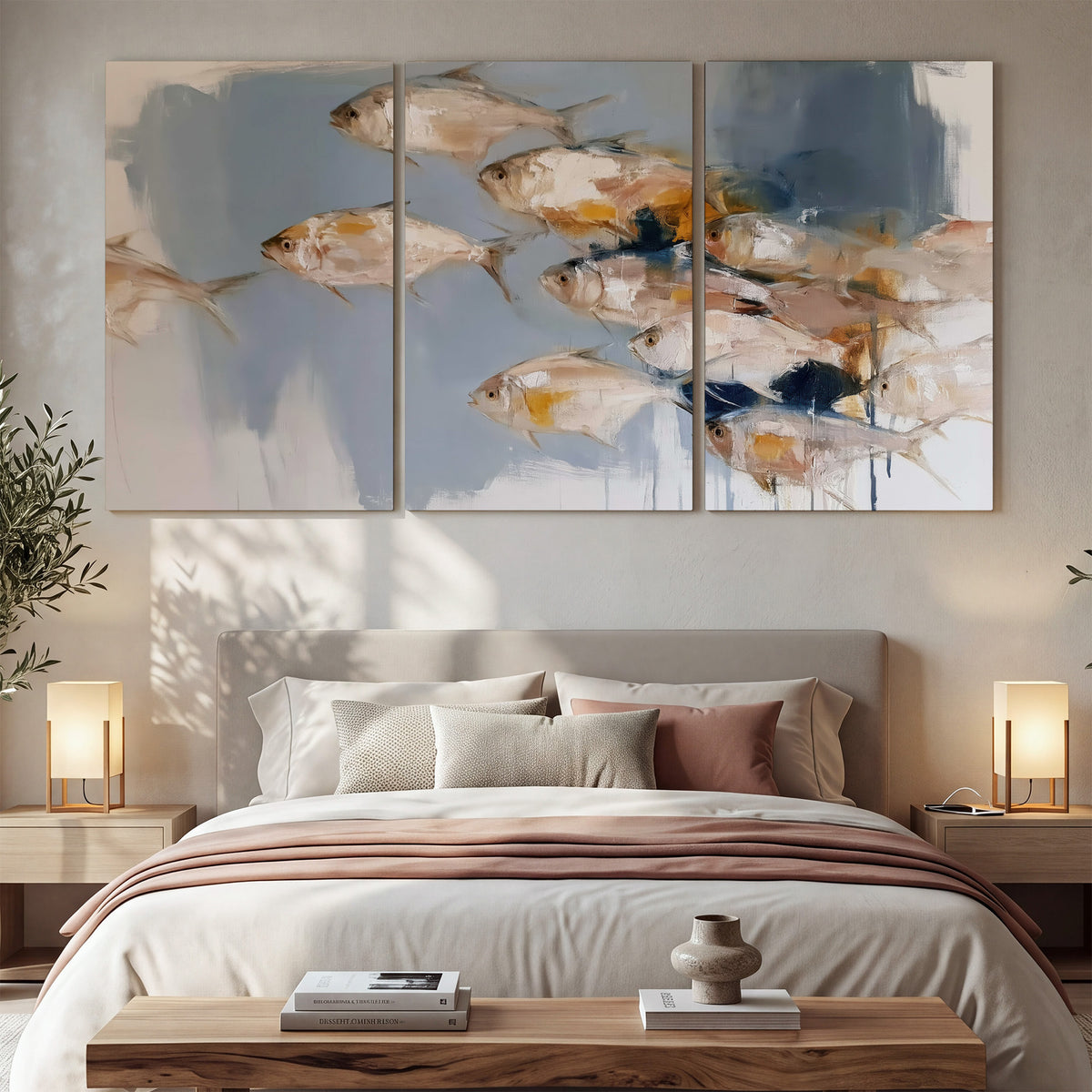 Small blue and golden fish moving across a pale layered abstract background 3 piece canvas wall art displayed in a bedroom