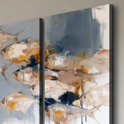 Small blue and golden fish moving across a pale layered abstract background 3 piece canvas wall art room and product view