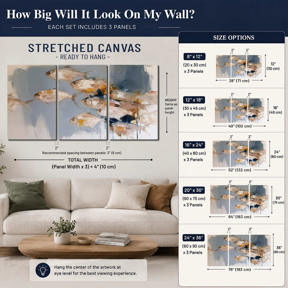 Small blue and golden fish moving across a pale layered abstract background 3 piece canvas wall art size guide above a sofa; room view is illustrative