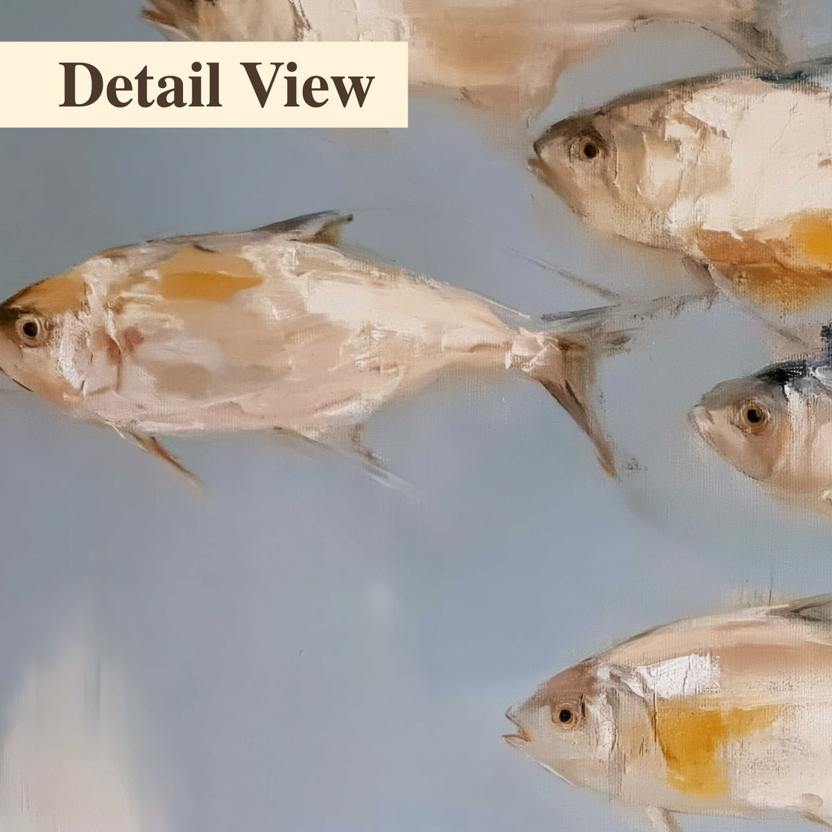 Small blue and golden fish moving across a pale layered abstract background 3 piece canvas wall art artwork detail close up