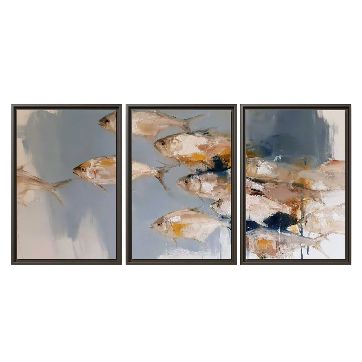 Small blue and golden fish moving across a pale layered abstract background 3 piece framed canvas wall art viewed straight on
