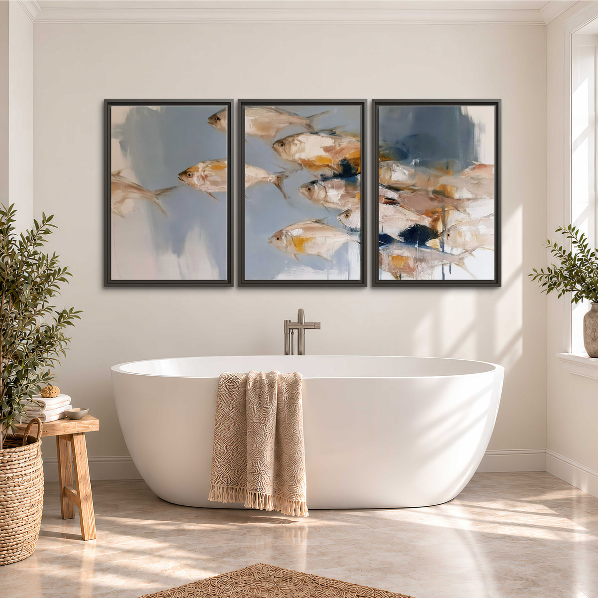 Small blue and golden fish moving across a pale layered abstract background 3 piece framed canvas wall art styled in an interior