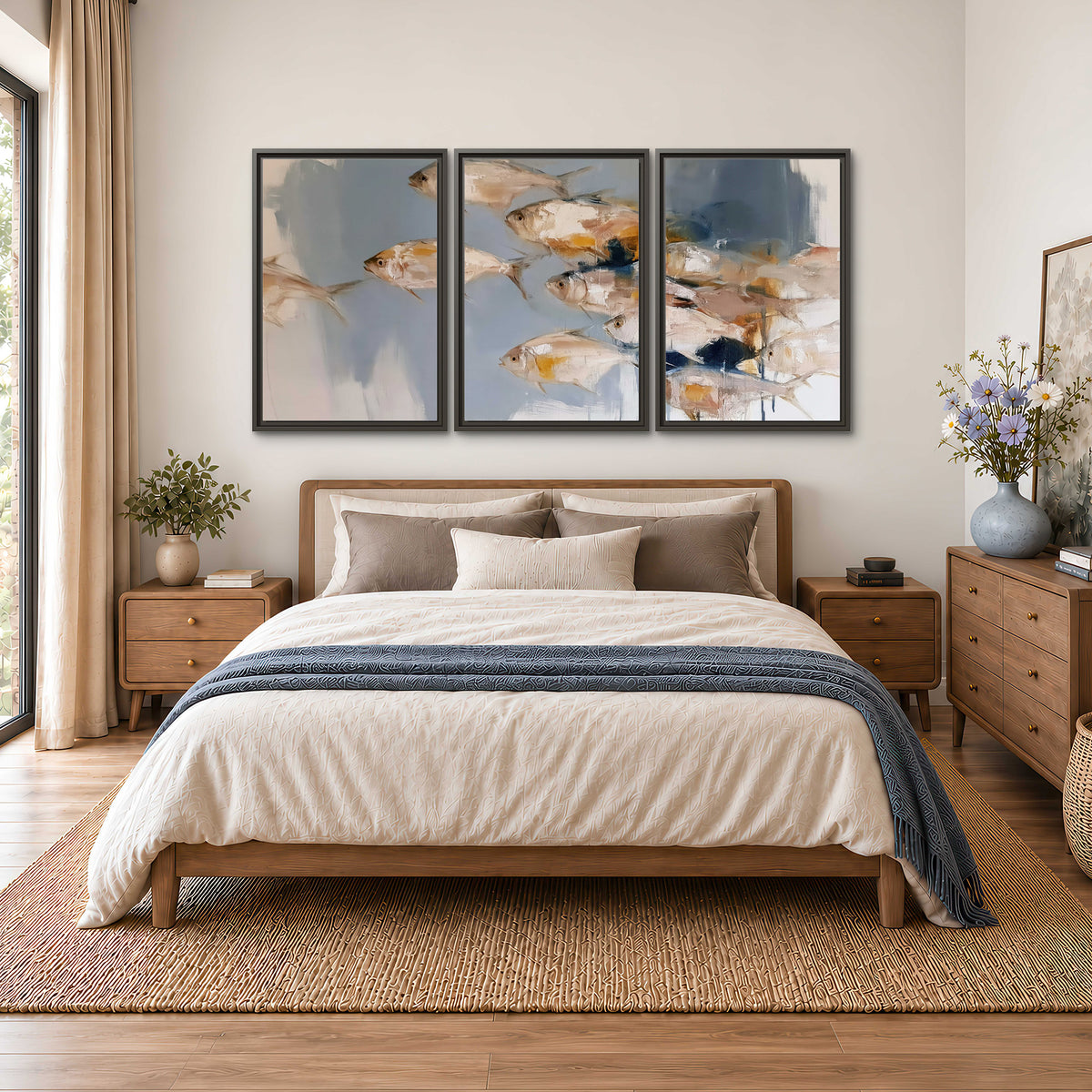 Small blue and golden fish moving across a pale layered abstract background 3 piece framed canvas wall art styled in an interior