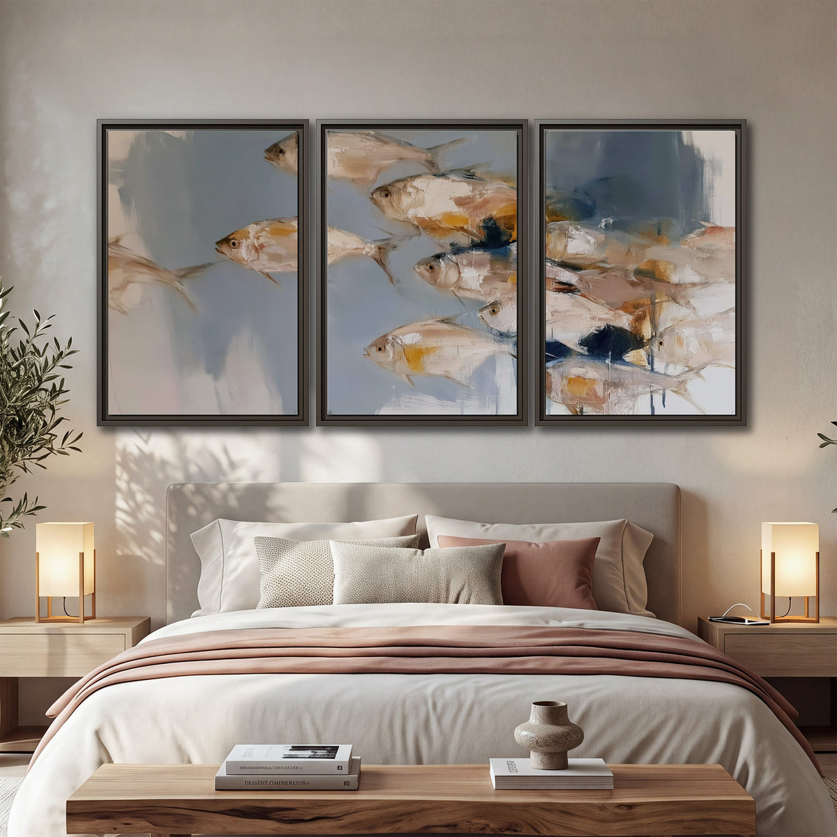 Small blue and golden fish moving across a pale layered abstract background 3 piece framed canvas wall art displayed in a bedroom