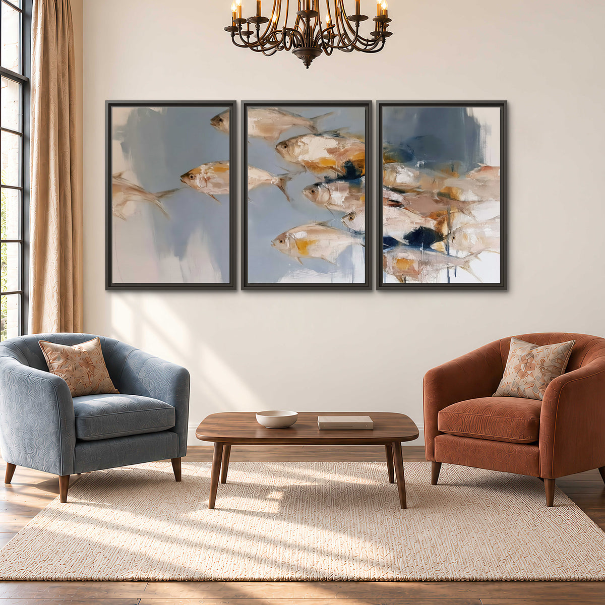 Small blue and golden fish moving across a pale layered abstract background 3 piece framed canvas wall art styled in an interior