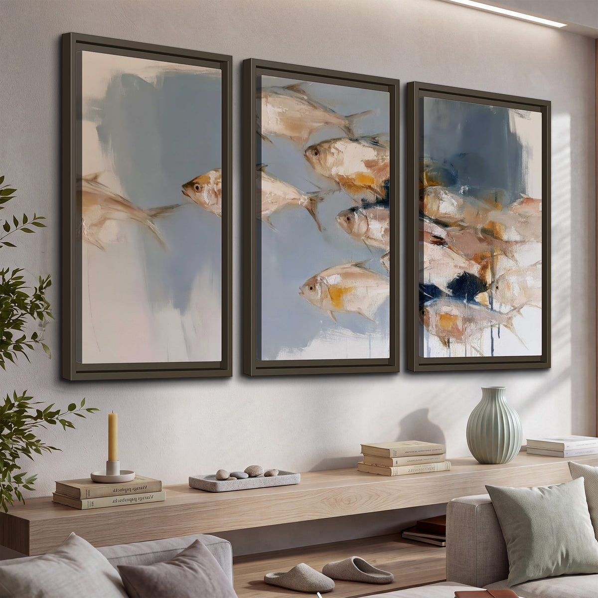 Small blue and golden fish moving across a pale layered abstract background 3 piece framed canvas wall art displayed in a console