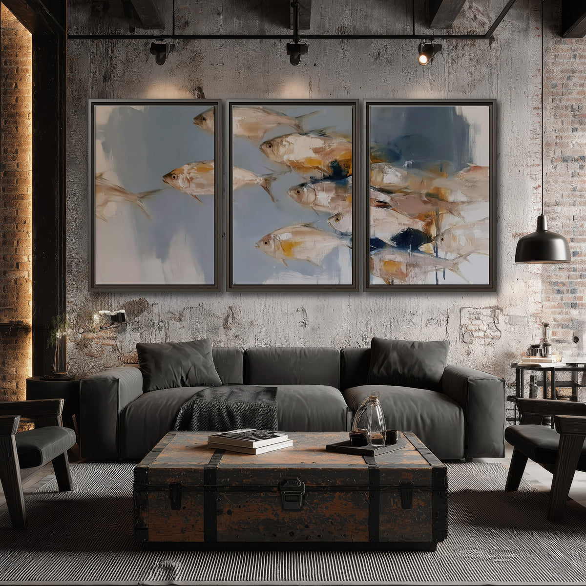 Small blue and golden fish moving across a pale layered abstract background 3 piece framed canvas wall art displayed in a industrial room