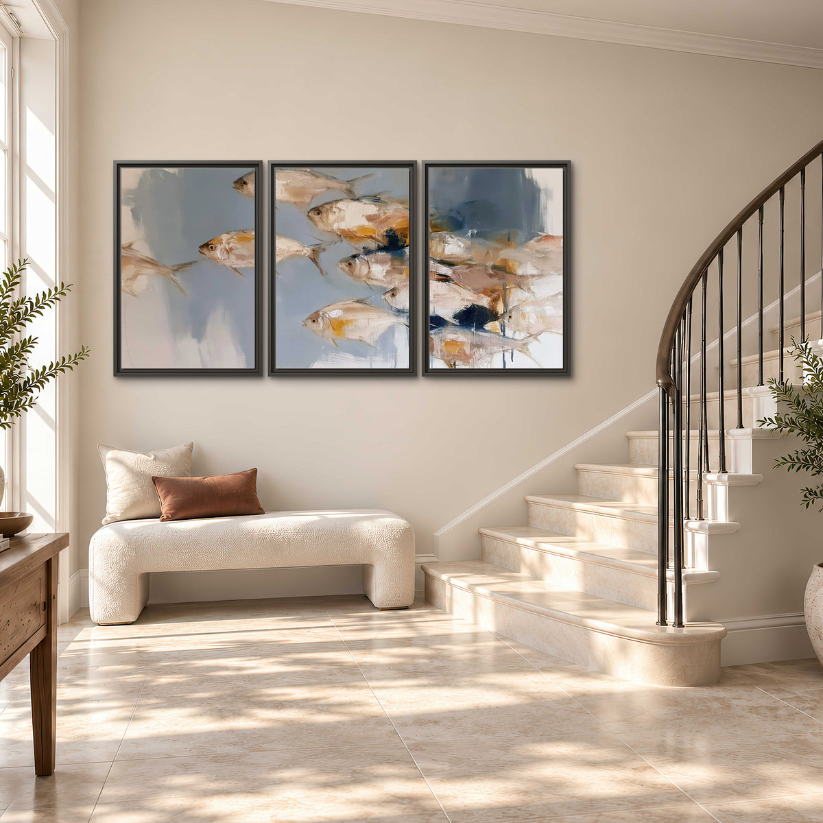 Small blue and golden fish moving across a pale layered abstract background 3 piece framed canvas wall art styled in an interior
