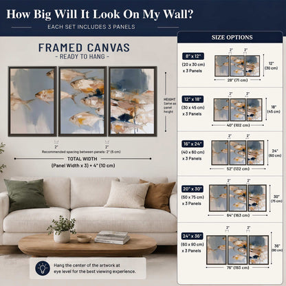 Small blue and golden fish moving across a pale layered abstract background 3 piece framed canvas wall art size guide above a sofa; room view is illustrative