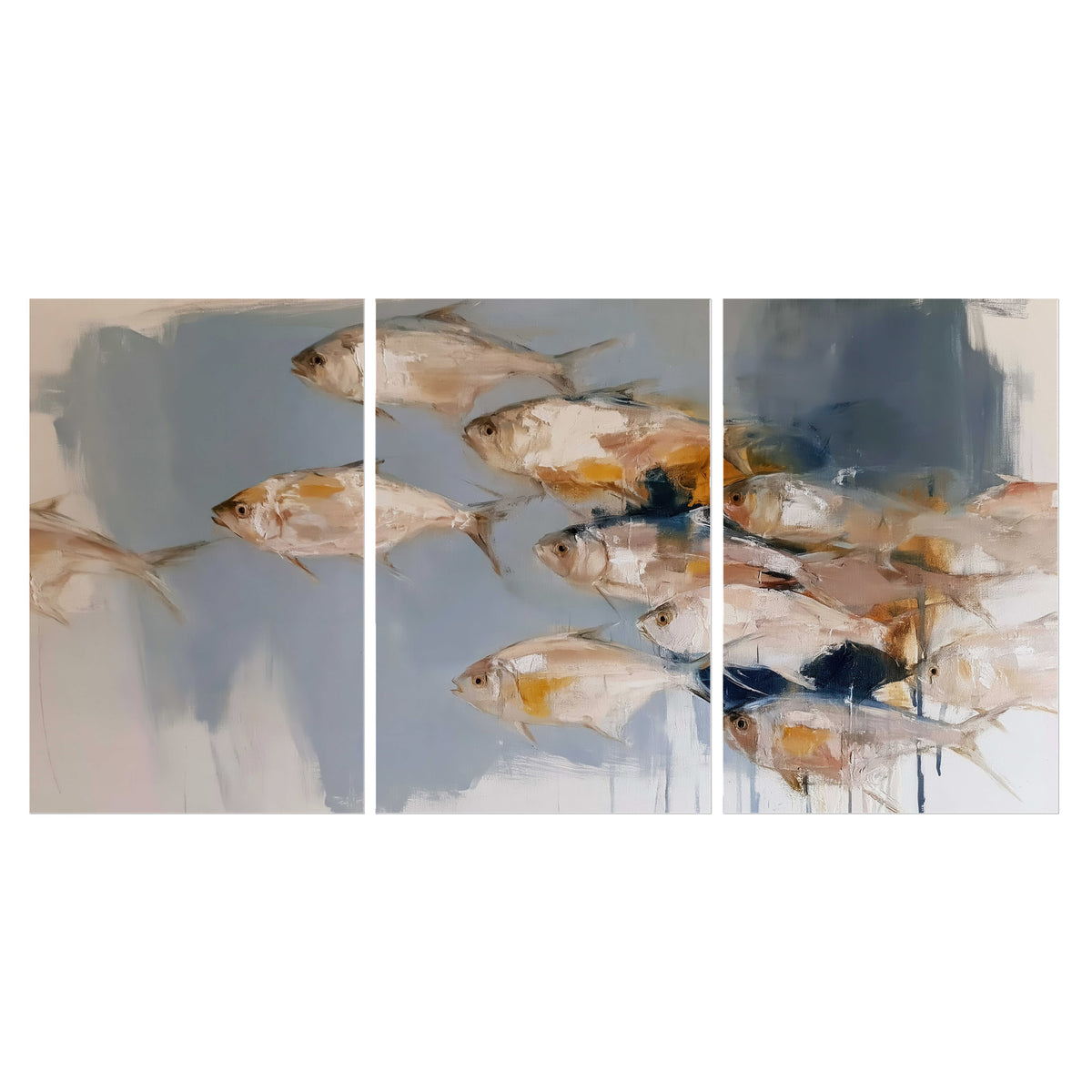 Small blue and golden fish moving across a pale layered abstract background set of 3 poster prints viewed straight on