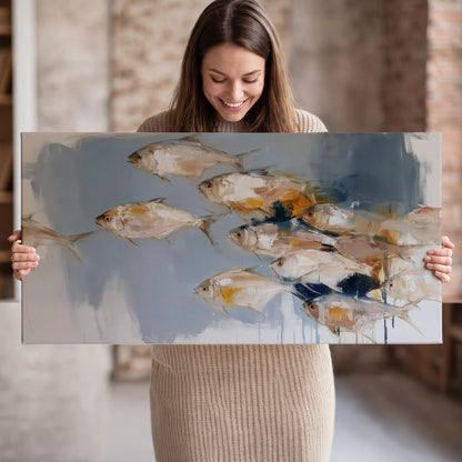 Small blue and golden fish moving across a pale layered abstract background single canvas wall art held in hands