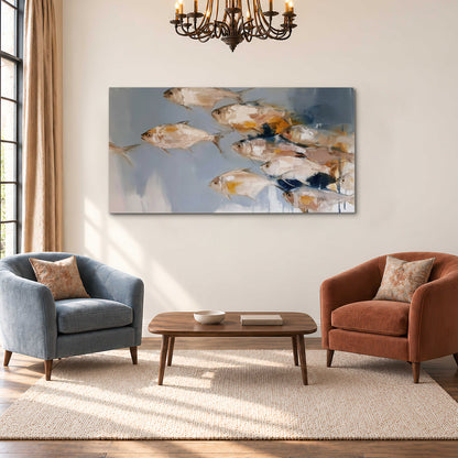 Small blue and golden fish moving across a pale layered abstract background single canvas wall art styled in an interior
