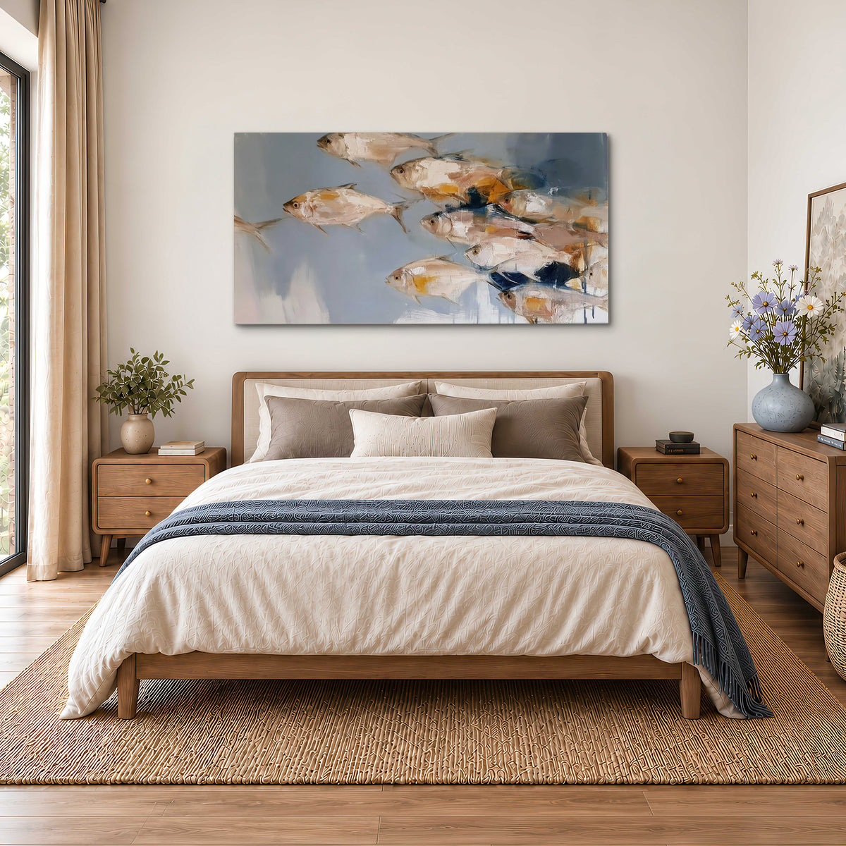 Small blue and golden fish moving across a pale layered abstract background single canvas wall art styled in an interior