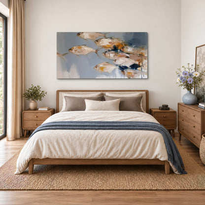 Small blue and golden fish moving across a pale layered abstract background single canvas wall art styled in an interior