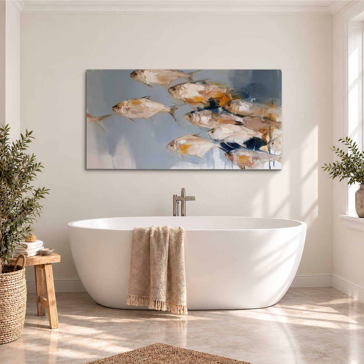 Small blue and golden fish moving across a pale layered abstract background single canvas wall art styled in an interior
