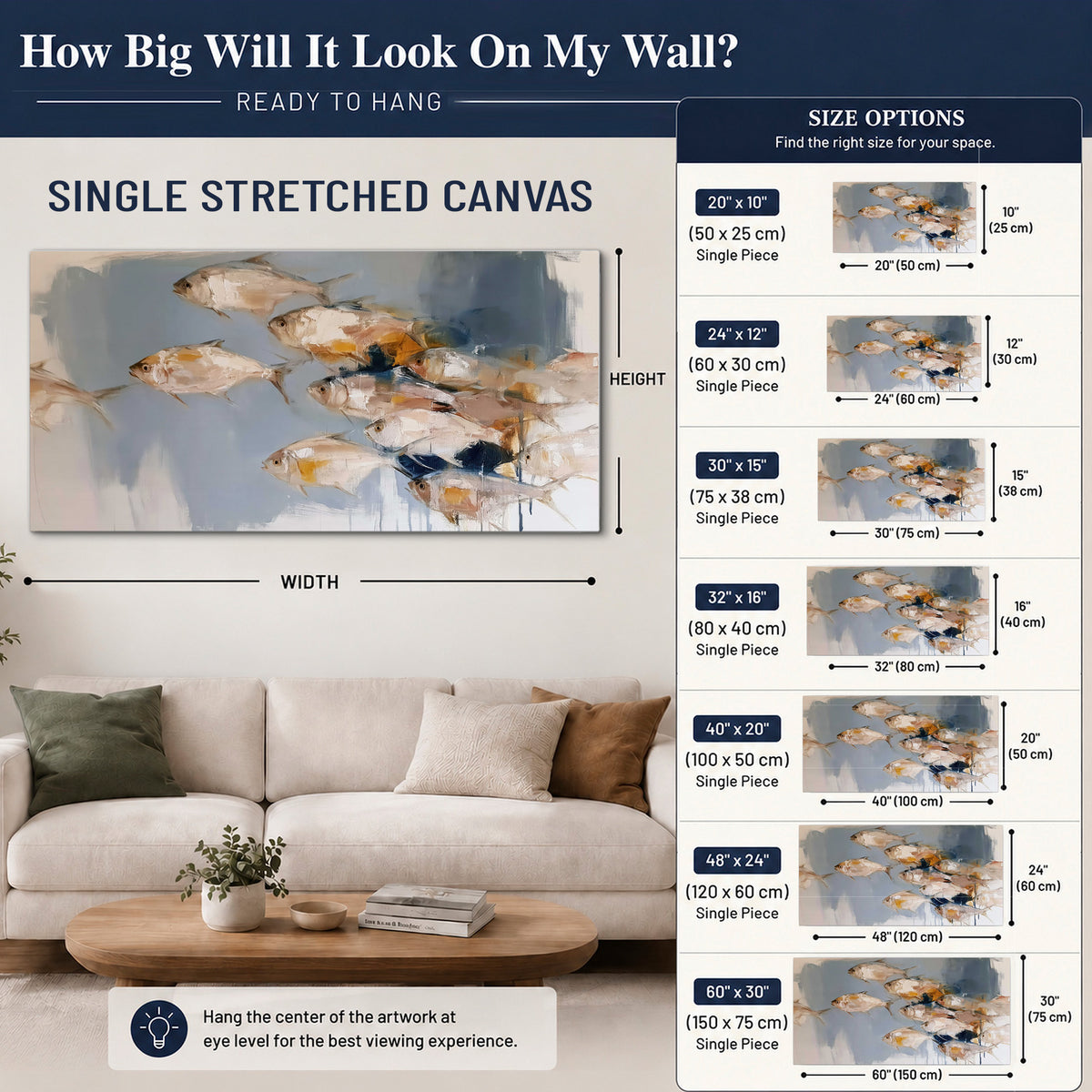 Small blue and golden fish moving across a pale layered abstract background single canvas wall art size guide above a sofa; room view is illustrative
